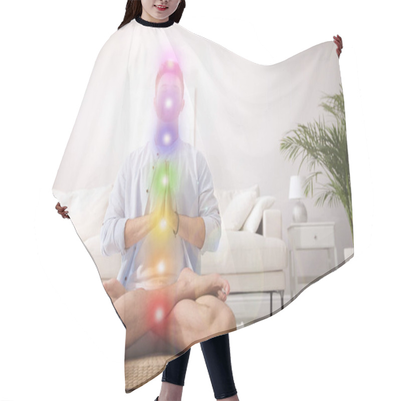 Personality  Young Man Meditating On Straw Cushion At Home. Scheme Of Seven Chakras, Illustration Hair Cutting Cape