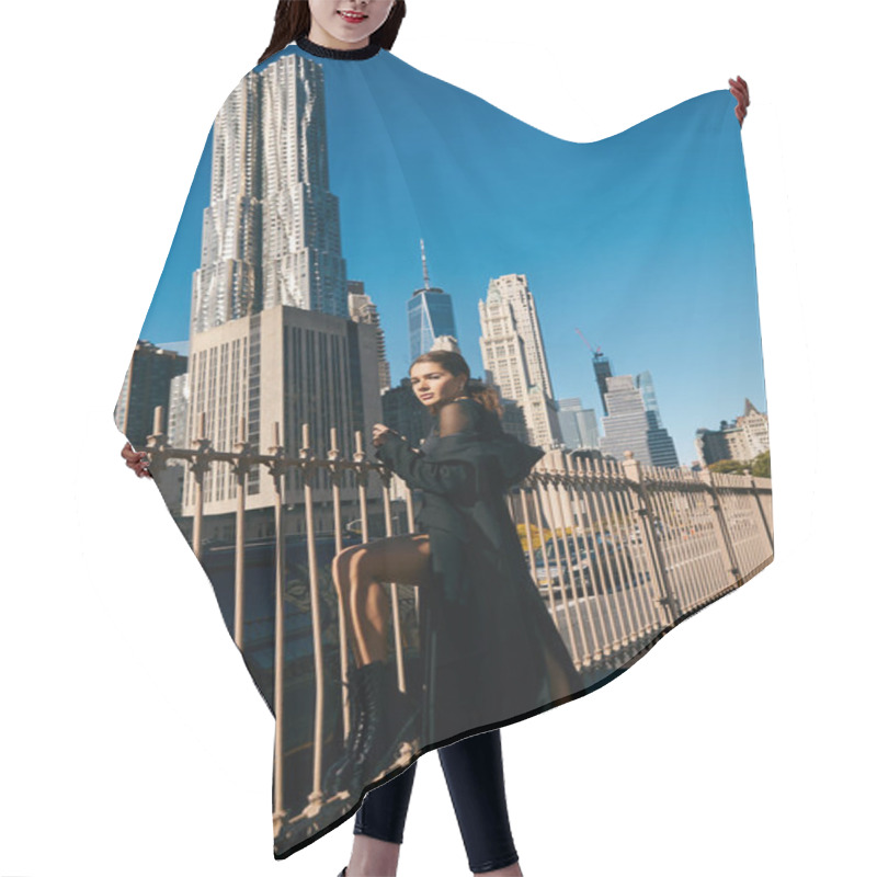 Personality  Young Woman In Black Coat Dances In NYC Street, Skyscrapers & Metal Fence Backdrop. Hair Cutting Cape