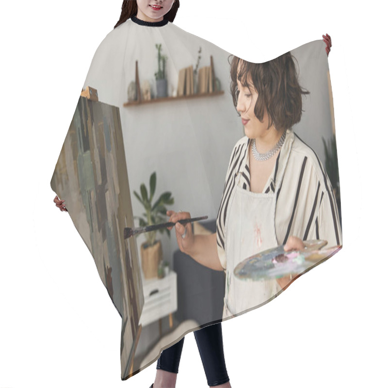 Personality  A Young Woman With Curly Hair Passionately Paints On Her Easel, Showcasing Her Artistic Talent. Hair Cutting Cape