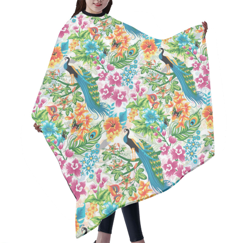 Personality  Seamless Tropical Pattern With Peacocks And Flowers. Hair Cutting Cape