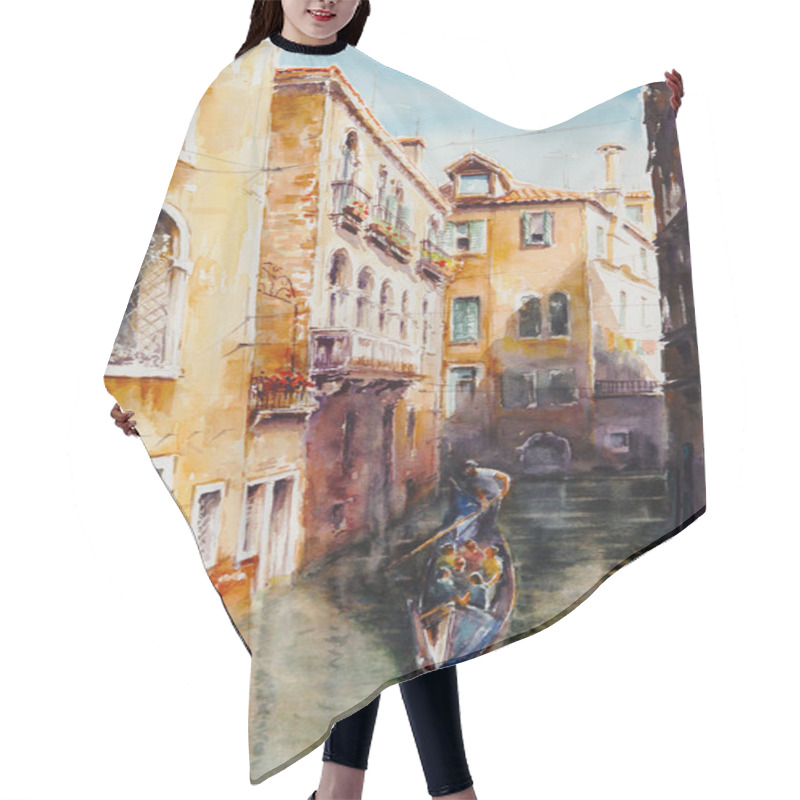 Personality  Travel Venice Canal With Tourist On Gondola. Painting Landmark Italy With Historic View Italy. Watercolor Landscape Original Painting Multicolored On Paper, Illustration Landmark Of The World. Hair Cutting Cape