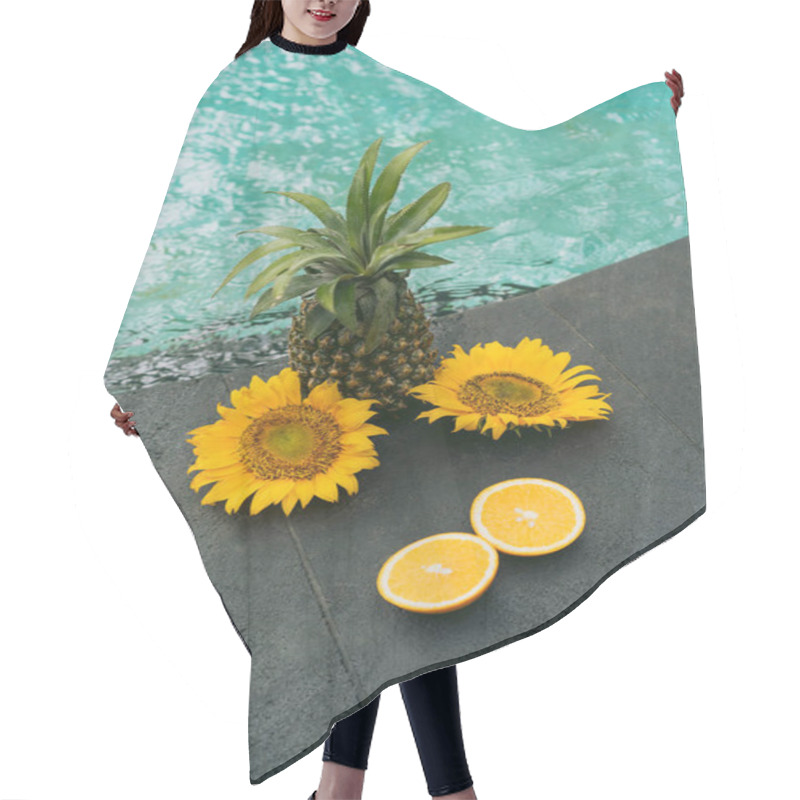 Personality  Close-up View Of Pineapple, Sliced Orange And Beautiful Yellow Flowers At Swimming Pool Hair Cutting Cape