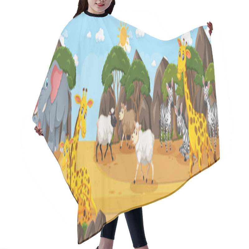 Personality  Forest Panorama At Daytime Scene With Various Wild Animals Illustration Hair Cutting Cape