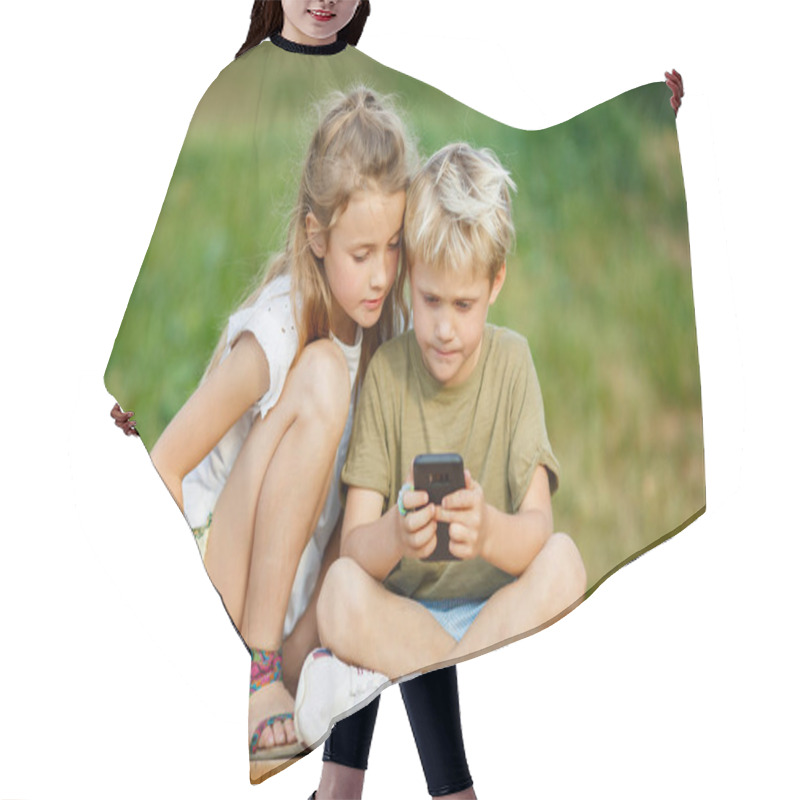 Personality  Image Of Boy And Girl With Telephones Hands Sitting On Wooden Fence Outdoors Hair Cutting Cape