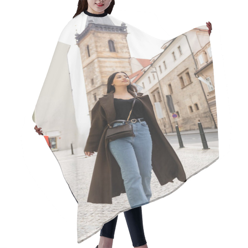 Personality  Brunette Woman In Brown Coat And Jeans Walking Along Ancient Street In Prague Hair Cutting Cape