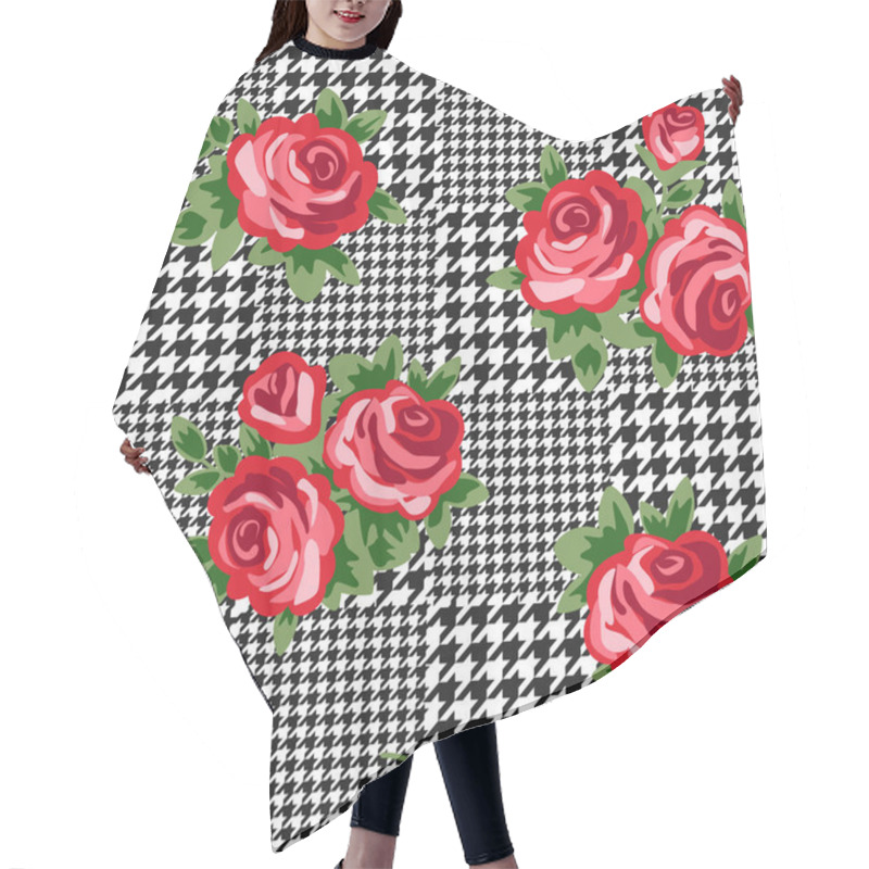 Personality  Vector Houndstooth Seamless Black And White Pattern With Red Retro Roses Hair Cutting Cape