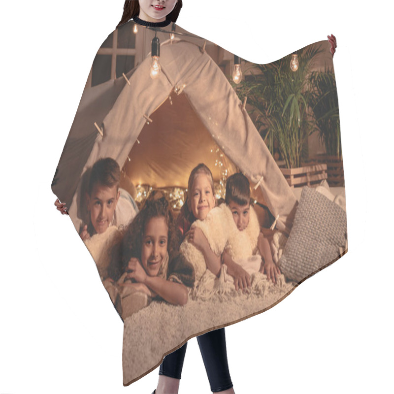 Personality  Multicultural Children Resting In Tent At Home Hair Cutting Cape