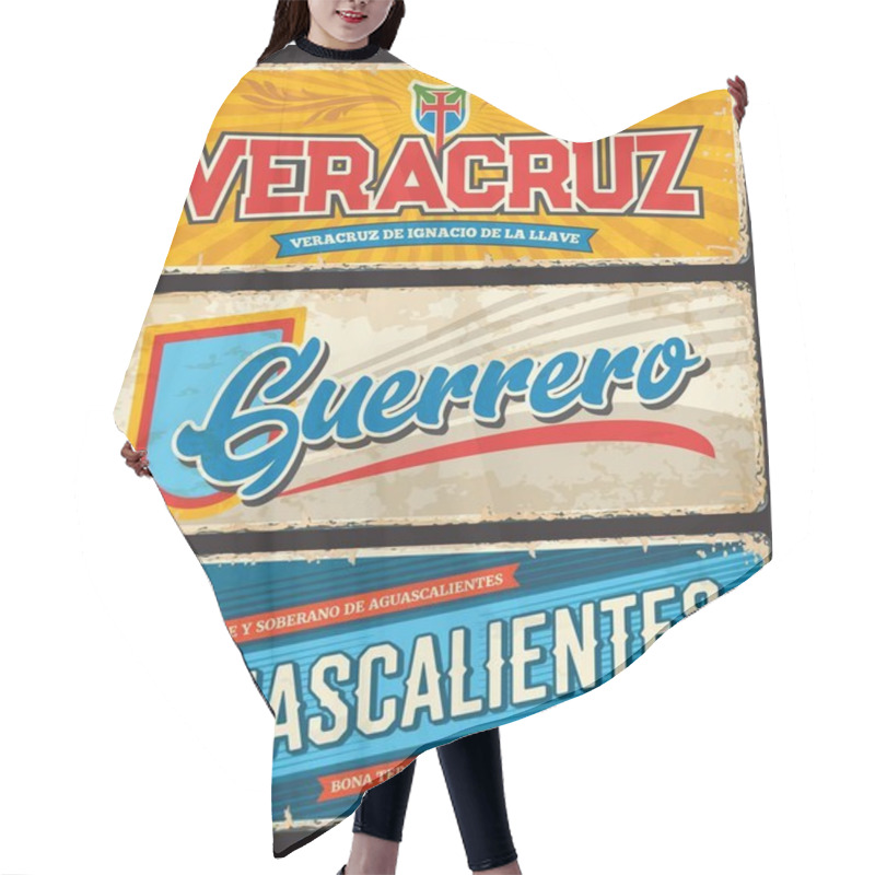 Personality  Veracruz, Guerrero And Aguascalientes Tin Plates, Mexico State Vector Metal Signs. Mexico Region Retro Plate With Typography, State Symbols And Shabby Sides. North America Travel Destination Sign Hair Cutting Cape