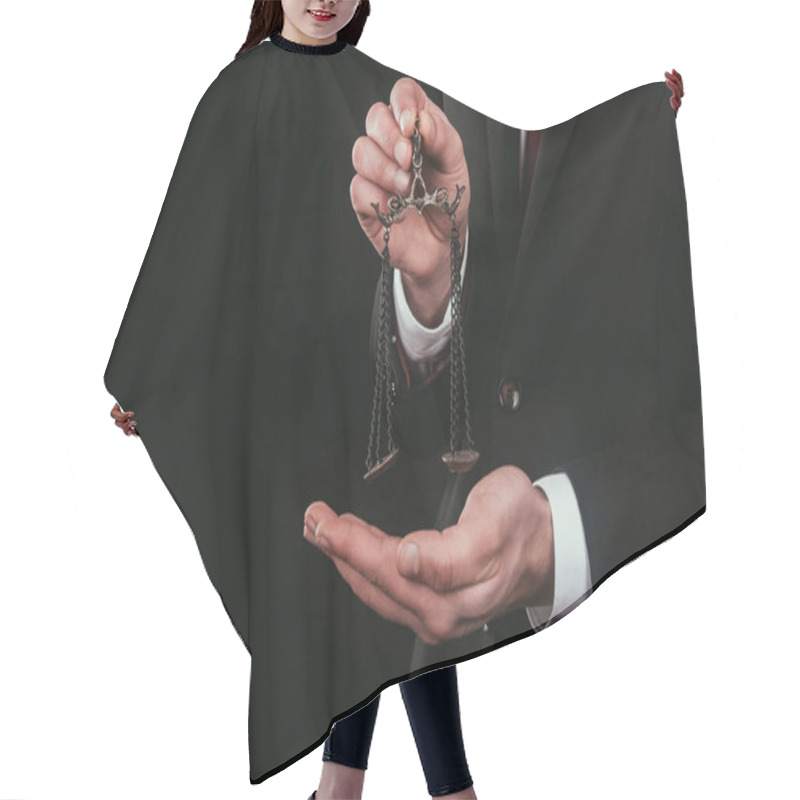 Personality  Cropped Shot Of Lawyer Holding Mini Scales Isolated On Black Hair Cutting Cape