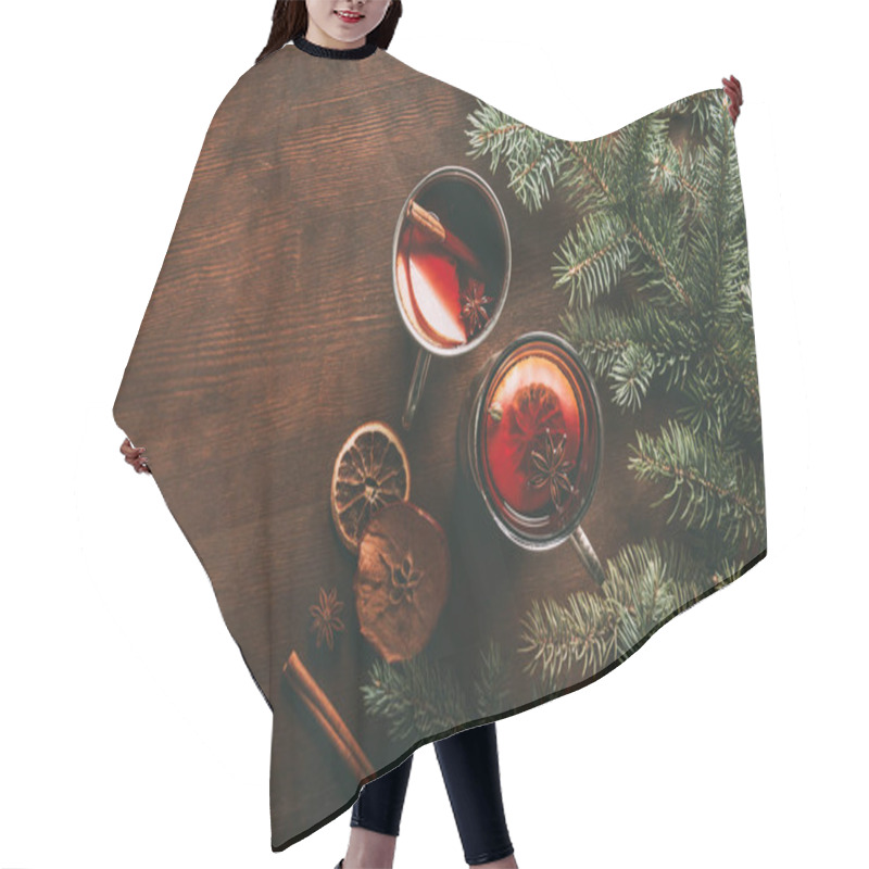 Personality  Top View Of Glass Cups With Homemade Hot Spiced Wine On Wooden Background With Fir Branches, Traditional Christmas Drink Hair Cutting Cape