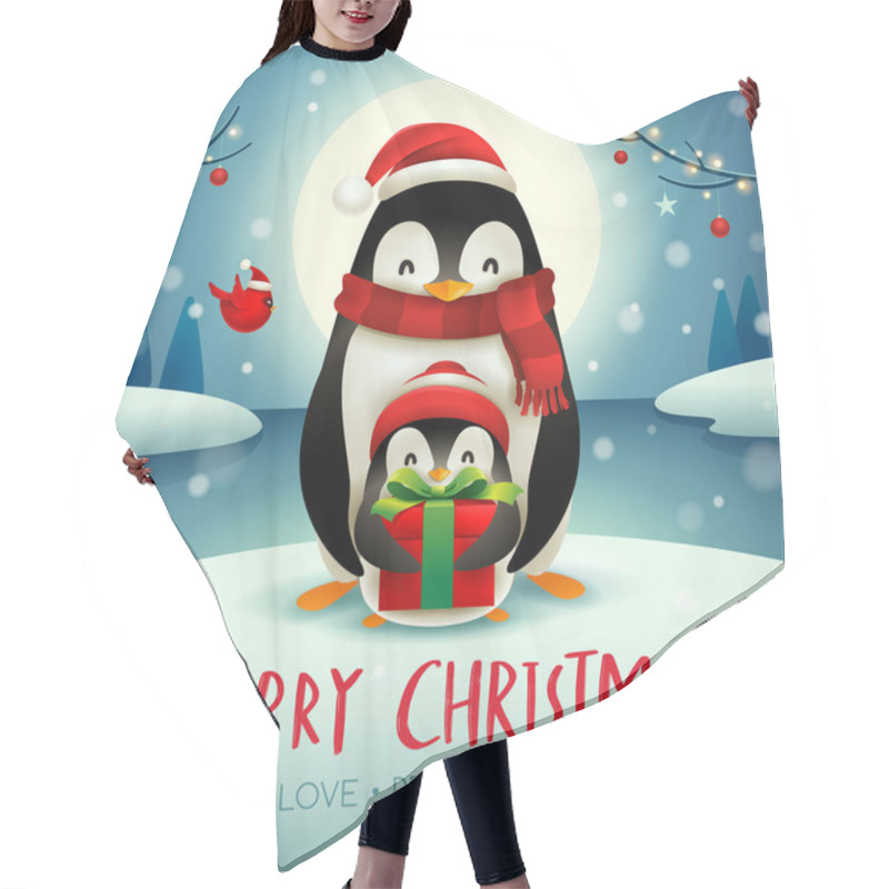 Personality  Adult Penguin And Baby Penguin Under The Moonlight In Christmas Snow Scene. Hair Cutting Cape