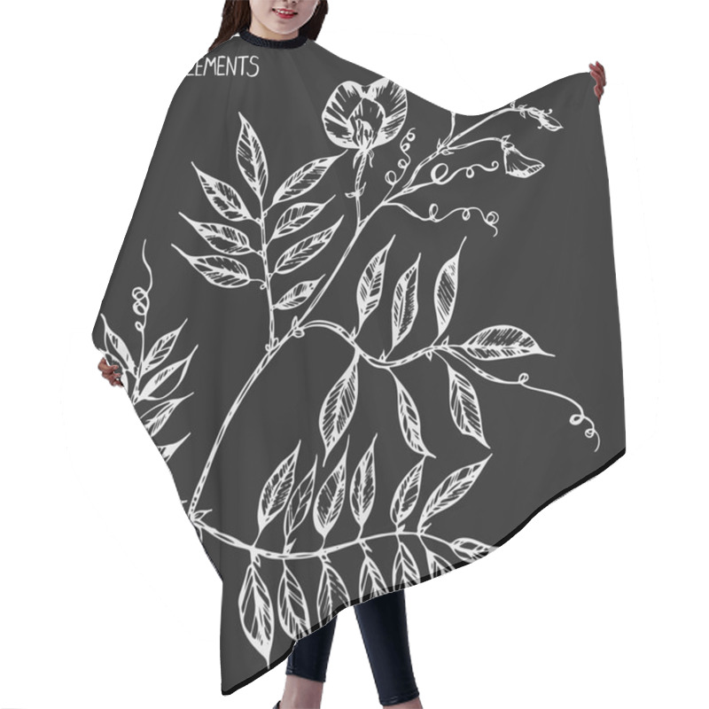 Personality  Sweet Pea, Ink, Pen Capillary, Handmade, Flower Collection,Set Of Floral Elements For Your Compositions, Coloring Books For Children And Adults,leaves, Flowers, Buds, Black Background Hair Cutting Cape