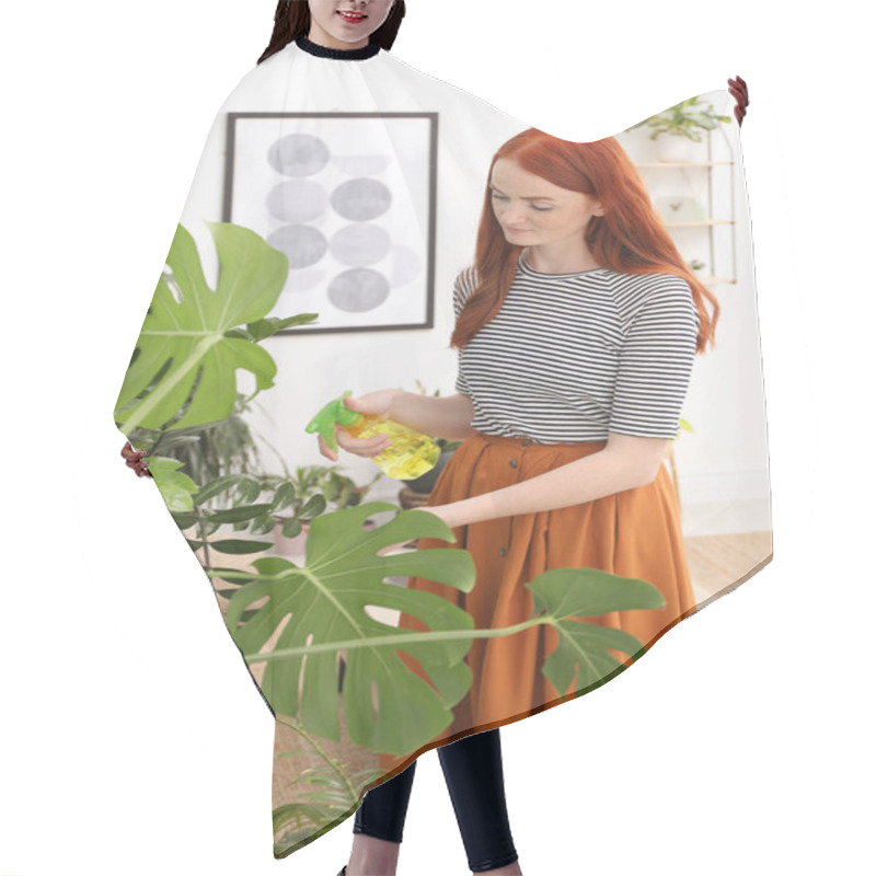 Personality  Beautiful Woman Taking Care Of Houseplant In Room Hair Cutting Cape