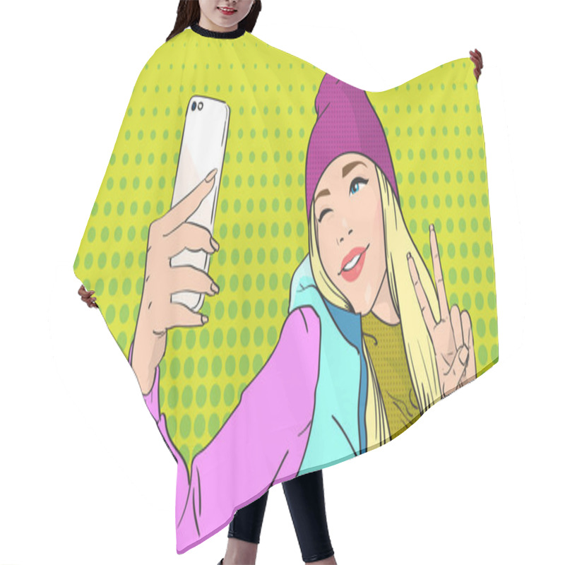 Personality  Girl Taking Selfie Photo On Smart Phone Show Two Finger Peace Gesture Hair Cutting Cape