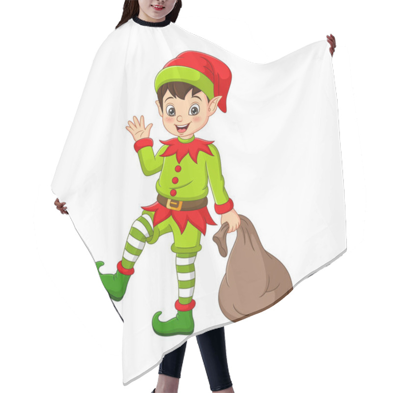 Personality  Vector Illustration Of Cartoon Happy Christmas Elf With Bag Hair Cutting Cape