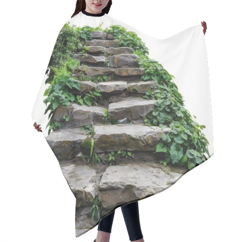 Personality  A Scenic Stone Staircase Overgrown With Lush Green Plants And Ivy, Depicting Nature's Embrace On A Structural Path. Hair Cutting Cape