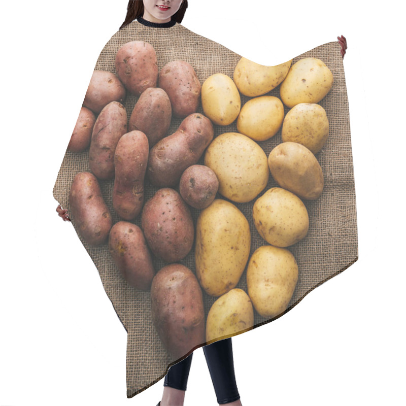 Personality  Top View Of Organic Raw Potatoes Arranged In Heart On Brown Rustic Sackcloth Hair Cutting Cape