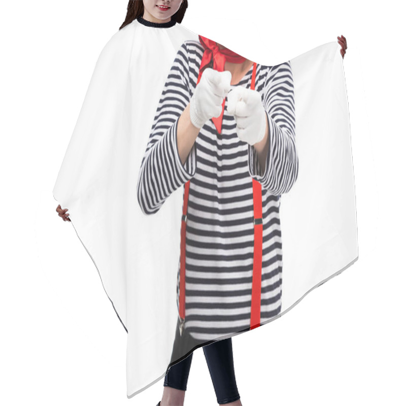 Personality  Cropped Image Of Mime Pointing On Camera Isolated On White Hair Cutting Cape