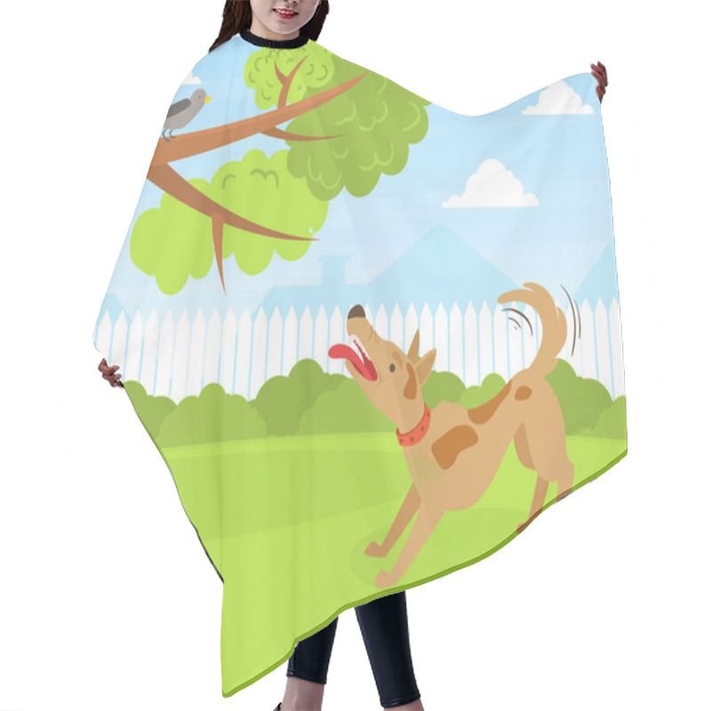 Personality  Dog Barking At Bird In Summer Park On Beautiful Summer Landscape Flat Vector Illustration Hair Cutting Cape