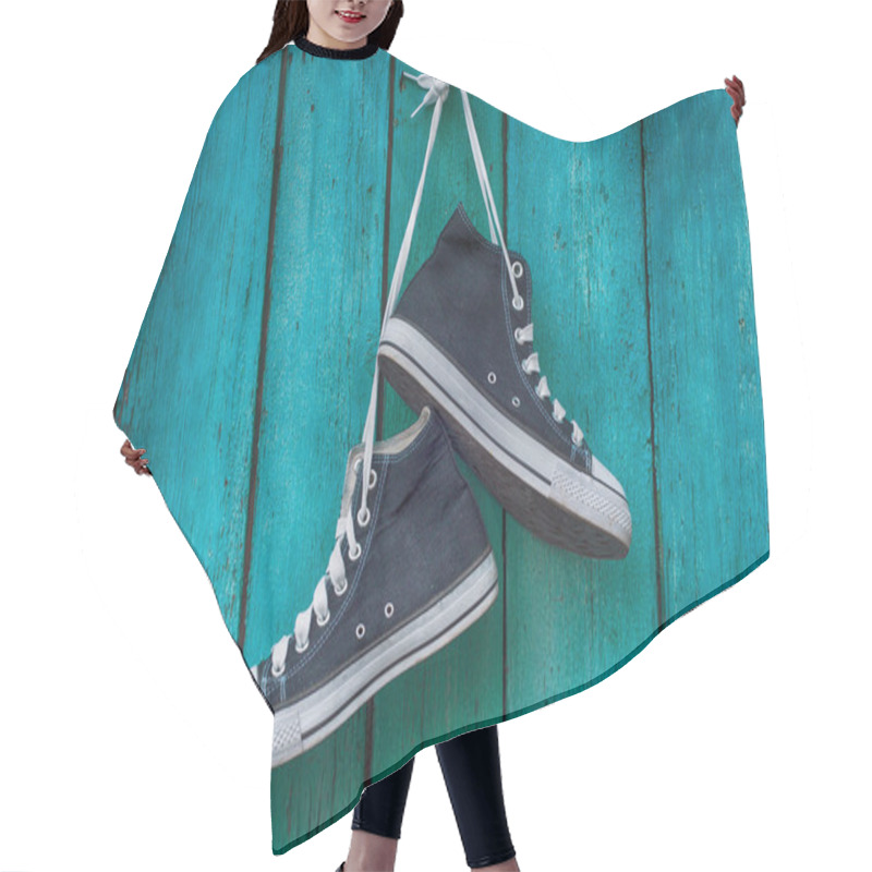 Personality  Pair Of Blue Men's Sports Sneakers Hanging From A Nail On The Wa Hair Cutting Cape