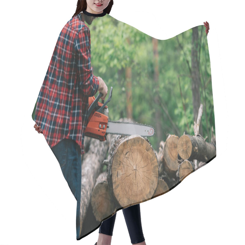 Personality  Partial View Of Lumberjack Cutting Trunk With Chainsaw In Forest Hair Cutting Cape