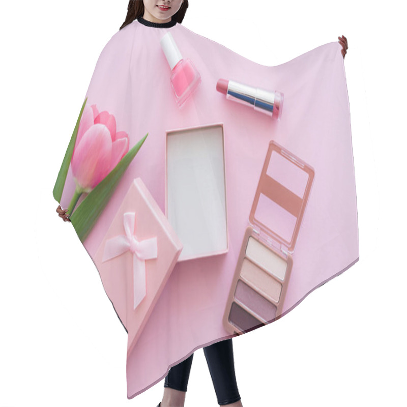 Personality  Top View Of Blooming Tulip Near Gift Box And Decorative Cosmetics On Pink Hair Cutting Cape