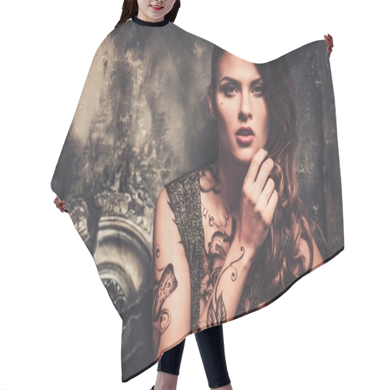 Personality  Tattooed Woman In Old Spooky Interior Hair Cutting Cape