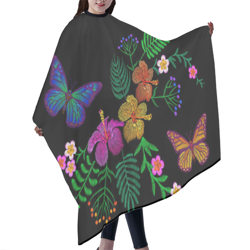 Personality  Hawaii Flower Embroidery Arrangement Patch. Fashion Print Decoration Plumeria Hibiscus Palm Leaves. Tropical Exotic Blooming Bouquet Butterfly Vector Illustration Hair Cutting Cape