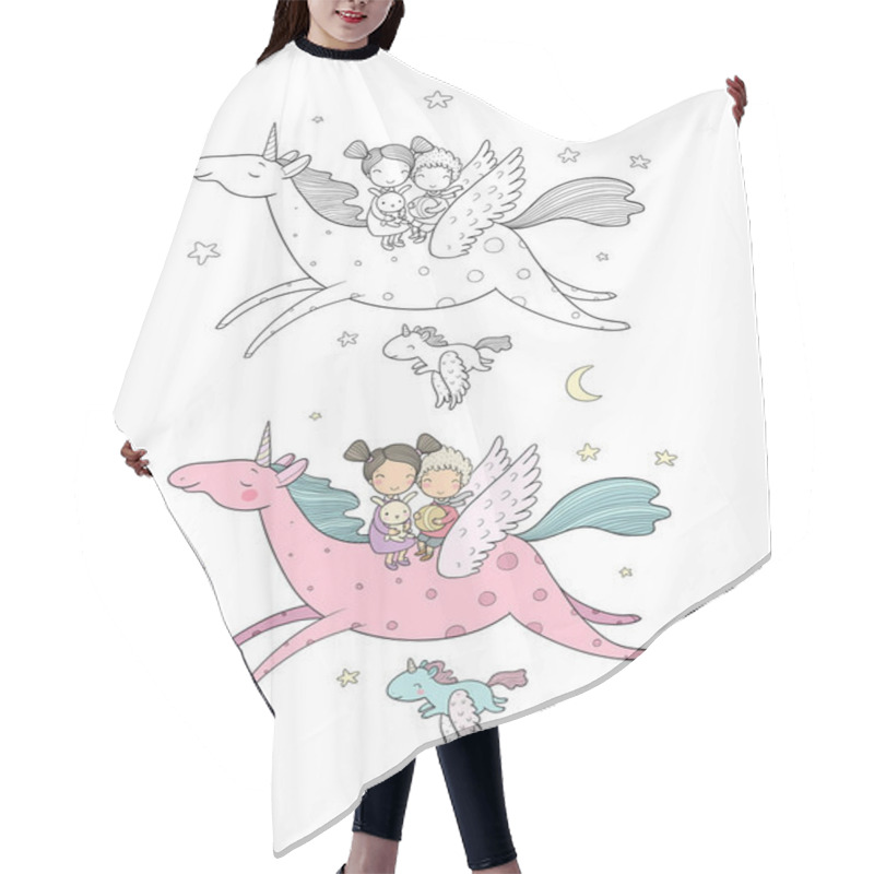 Personality  Prince And Princess Are Flying On A Unicorn. Cute Cartoon Kids And Magic Pony. Hair Cutting Cape