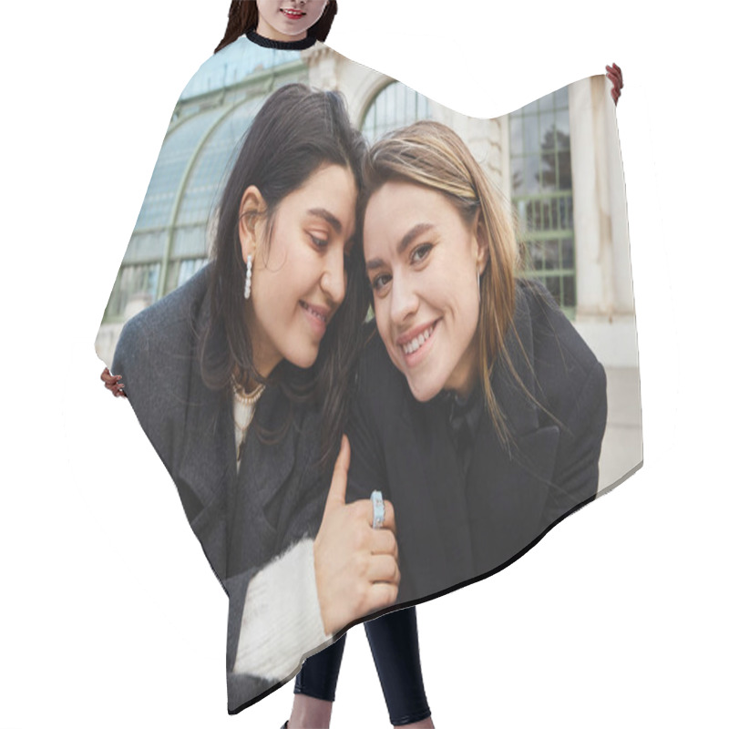 Personality  Portrait Of Happy Lesbian Woman Embracing Her Girlfriend Near Palmenhaus In Vienna On Background Hair Cutting Cape