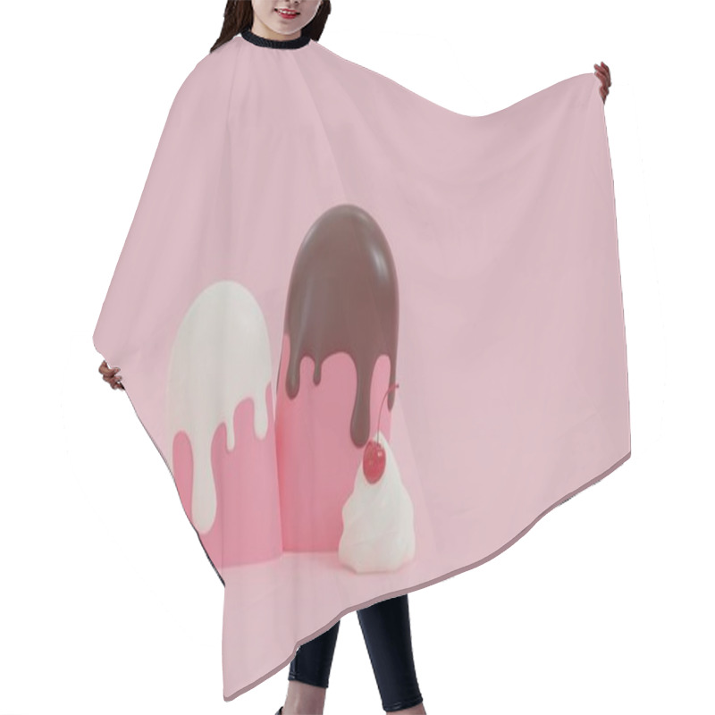 Personality  Cute Abstract Red Ice Cream With Chocolate And White Dripping, With Cream And Cherry Isolated On Light Red  Background. Minimal Cartoon Summer Sweets Concept. 3d Rendering Illustration. Hair Cutting Cape