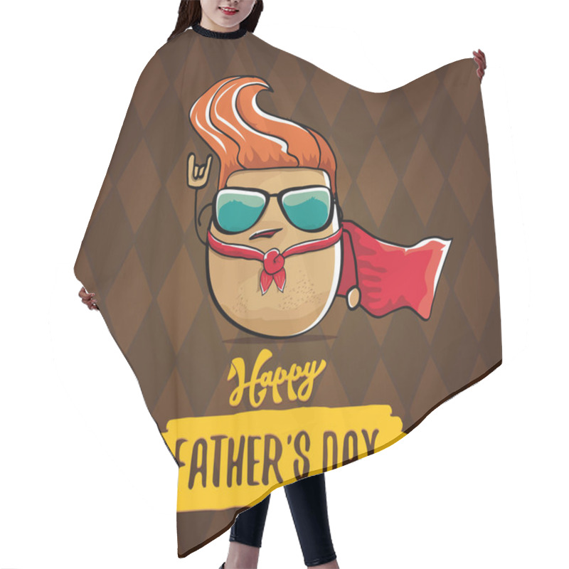 Personality  Happy Fathers Day Greeting Card With Cartoon Father Super Potato Isolated On Brown Background. Fathers Day Vector Label Or Icon With Super Dad Potato Hair Cutting Cape