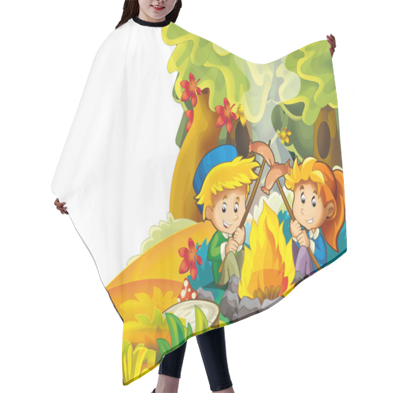 Personality  Cartoon Autumn Nature Background With Kids Having Fun Camping With Tent And Grilling With Space For Text - Illustration For Children Hair Cutting Cape