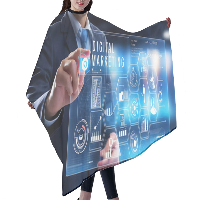 Personality  Businessperson In Suit, Futuristic Digital Interface, Digital Marketing, Technology Icons, Analytics Icons, Commerce Icons, Business Technology, Digital Business Interaction, Marketing Technology, Tech Analytics, Business Analytics, Digital Commerce, Hair Cutting Cape