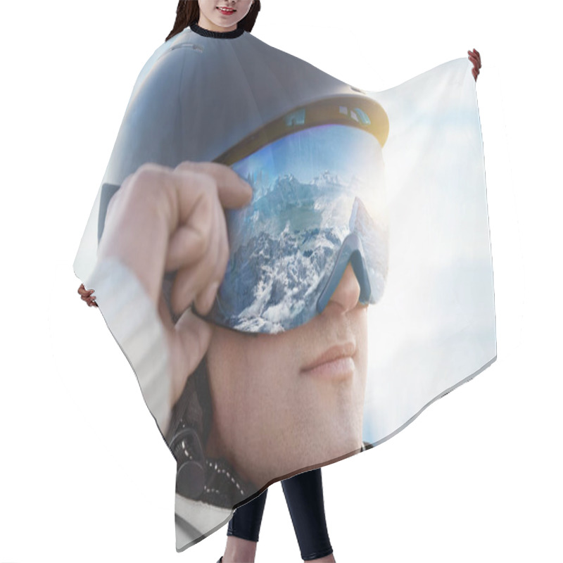 Personality  Close Up Of The Ski Goggles Of A Man With The Reflection Of Snowed Mountains.  A Mountain Range Reflected In The Ski Mask.  Portrait Of Man At The Ski Resort On The Background Of Mountains And Sky Hair Cutting Cape