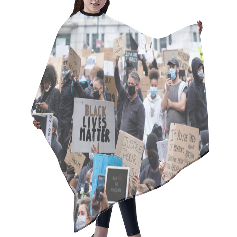 Personality  Protesters Hold Placards As They Gather In Central Brussels During The Black Lives Matter Protest Rally, Sunday, June 7, 2020.  Hair Cutting Cape