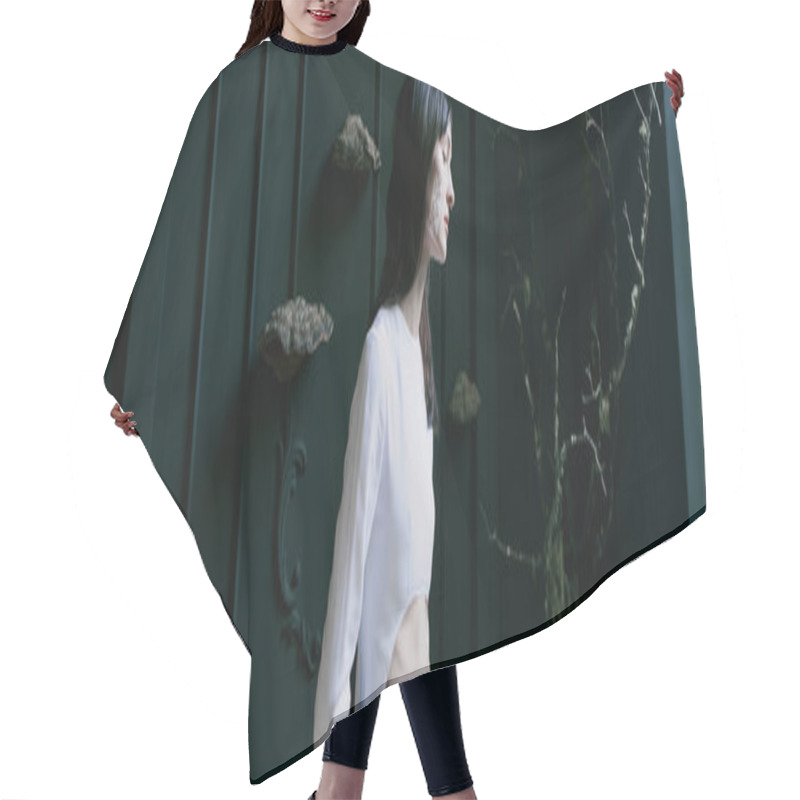 Personality  A Woman In Stylish Clothing Stands By A Swamp And Green Door. Hair Cutting Cape