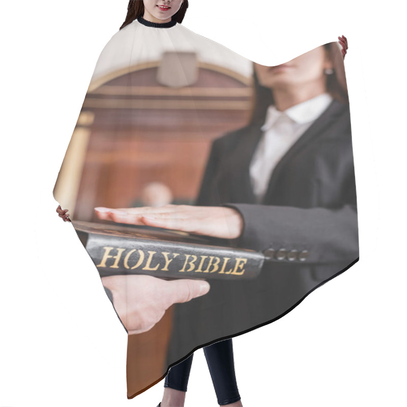 Personality  Blurred Woman Giving Oath On Bible In Hand Of Bailiff In Courtroom Hair Cutting Cape