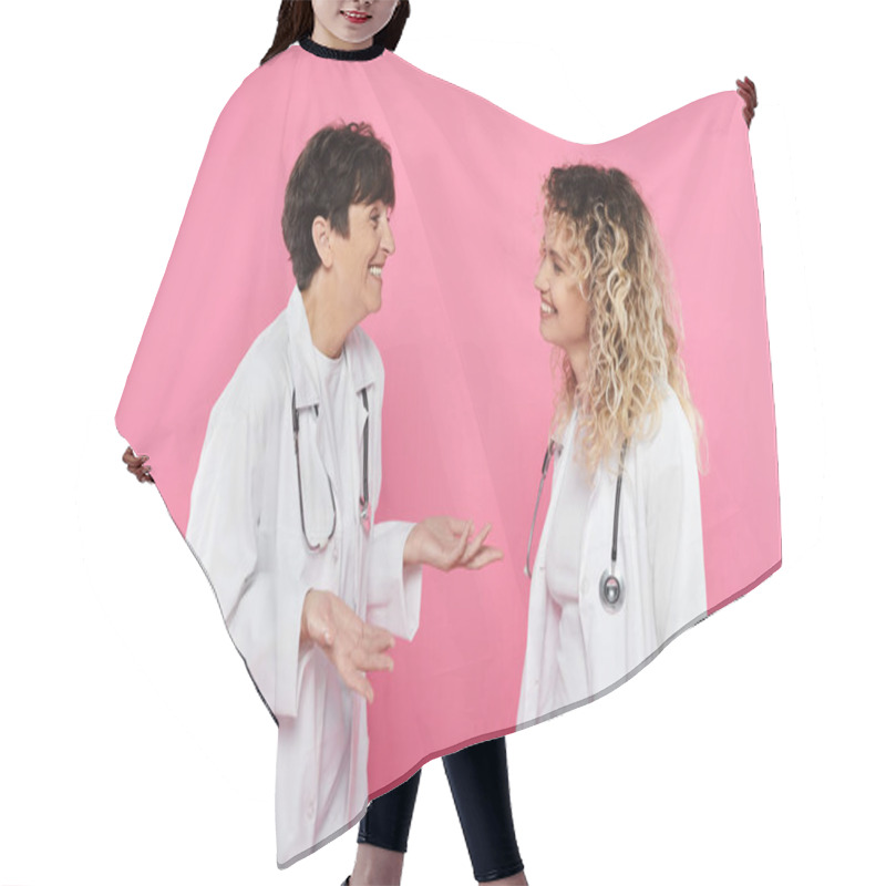 Personality  Happy Female Doctors In White Coats Chatting On Pink Backdrop, Joy, Breast Cancer Awareness, Women Hair Cutting Cape