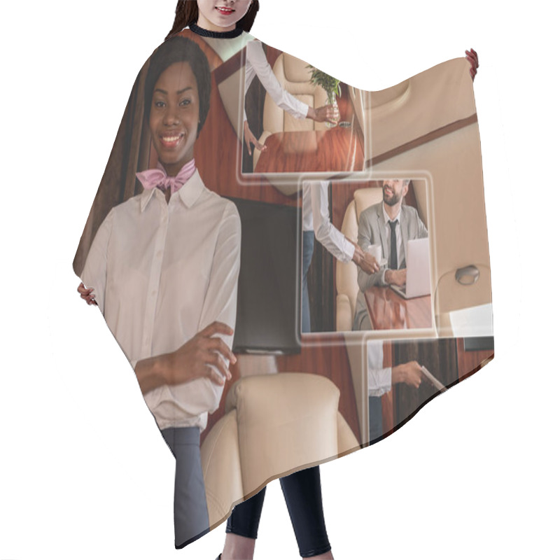 Personality  Collage Of Smiling African Stewardess Smiling At Camera, Putting Flowers On Table, Giving Cup Of Coffee And Newspaper To Businessman Hair Cutting Cape