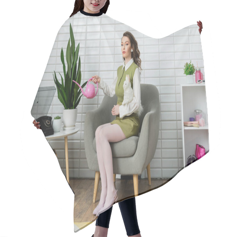 Personality  Eco-friendly, Housekeeping Concept, Woman Acting Like A Doll, Beautiful Woman Watering Plant, Green Thumb, Sitting On Armchair And Holding Toy Rabbit, Housewife With Pink Watering Can  Hair Cutting Cape