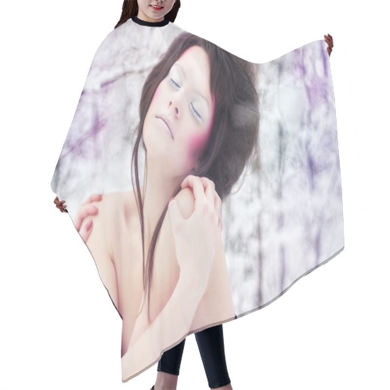 Personality  Girl With Beauty Make-up In A Fantasy Winter Forest Hair Cutting Cape