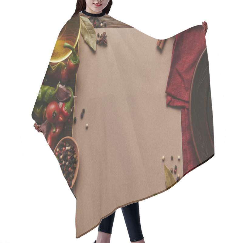 Personality  Top View Of Blank Card, Spices And Vegetables On Wooden Surface Hair Cutting Cape