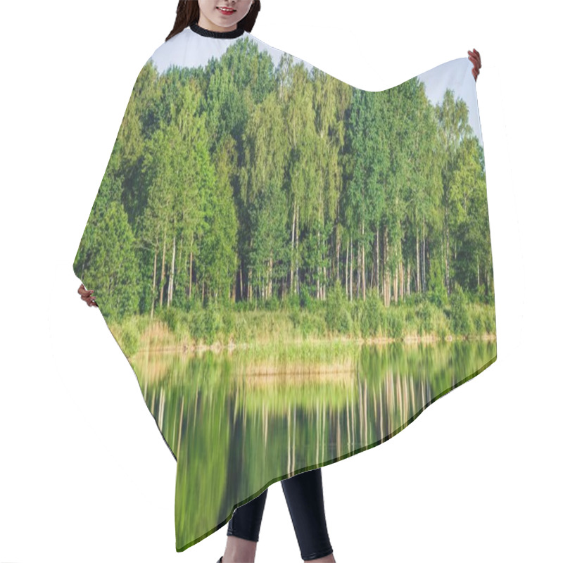 Personality  Reflections On The Water. A View Of The Blue Lake With A Forest In The Background On A Sunny Summer Day Latvia Hair Cutting Cape