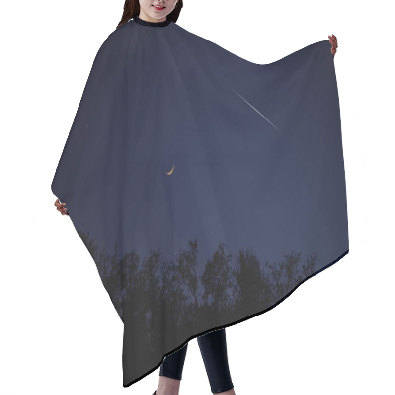 Personality  Crescent Moon, Falling Star, Planet Conjunction And Landscape Scenery Silhouettes. Hair Cutting Cape