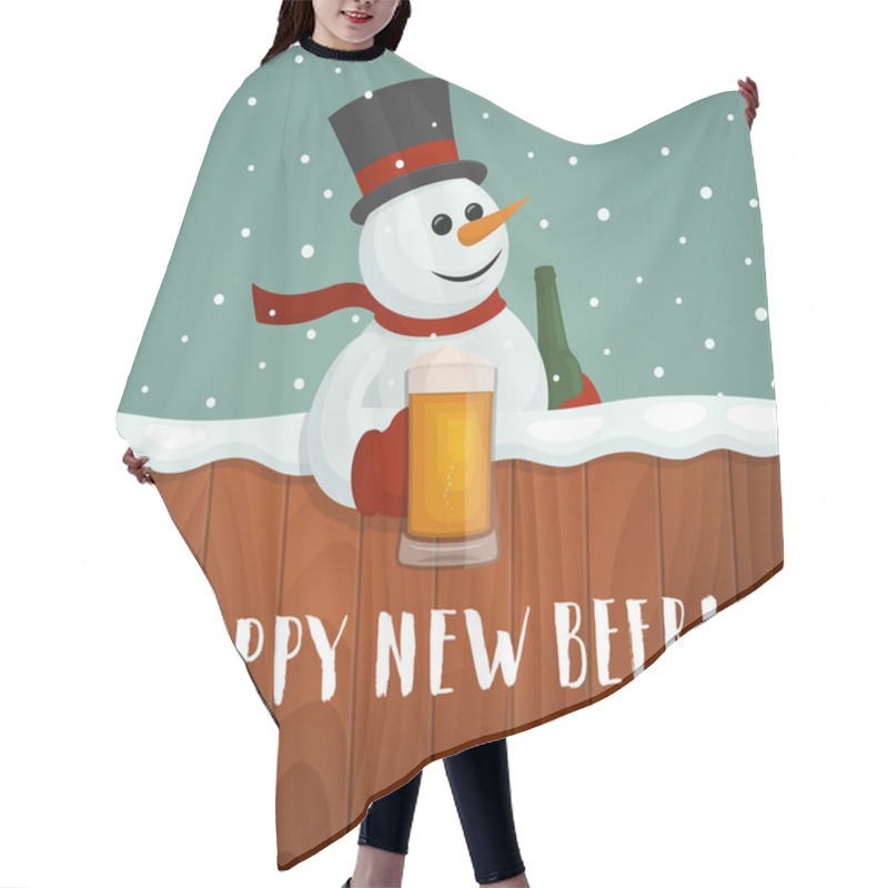 Personality  Snowman With Beer. Happy New Beer Logo. Vector Christmas Card With Cartoon Snowman Holding A Mug And Hand Drawn Lettering. Hair Cutting Cape