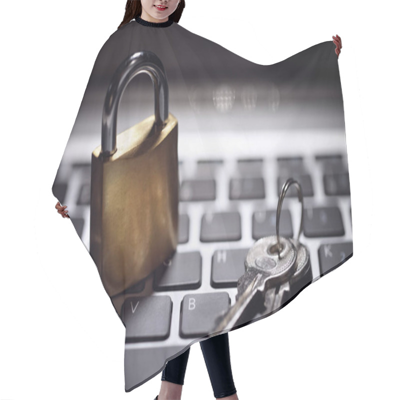 Personality  Internet Security And Network Protection Concept, Padlock And Key On Laptop Hair Cutting Cape