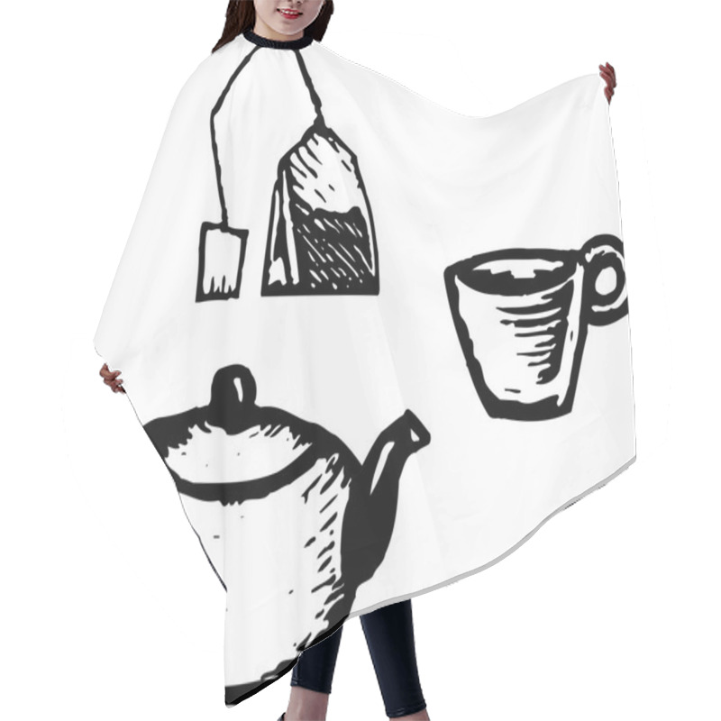 Personality  Vector Illustration Of Teapot, Tea Cup And Tea Bag Hair Cutting Cape