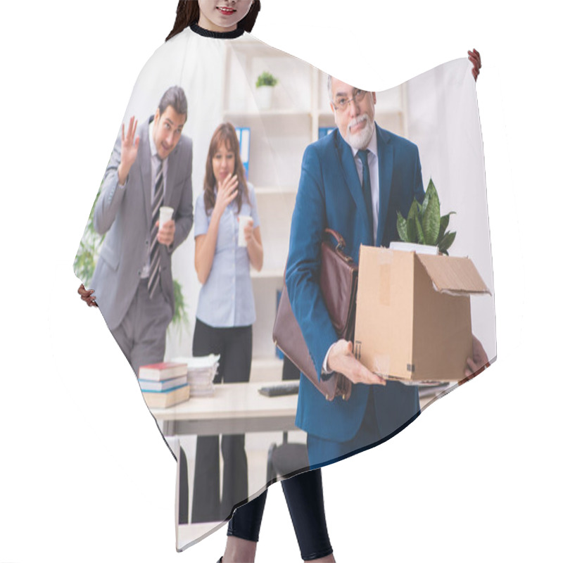 Personality  Two Male And One Female Employees Working In The Office Hair Cutting Cape