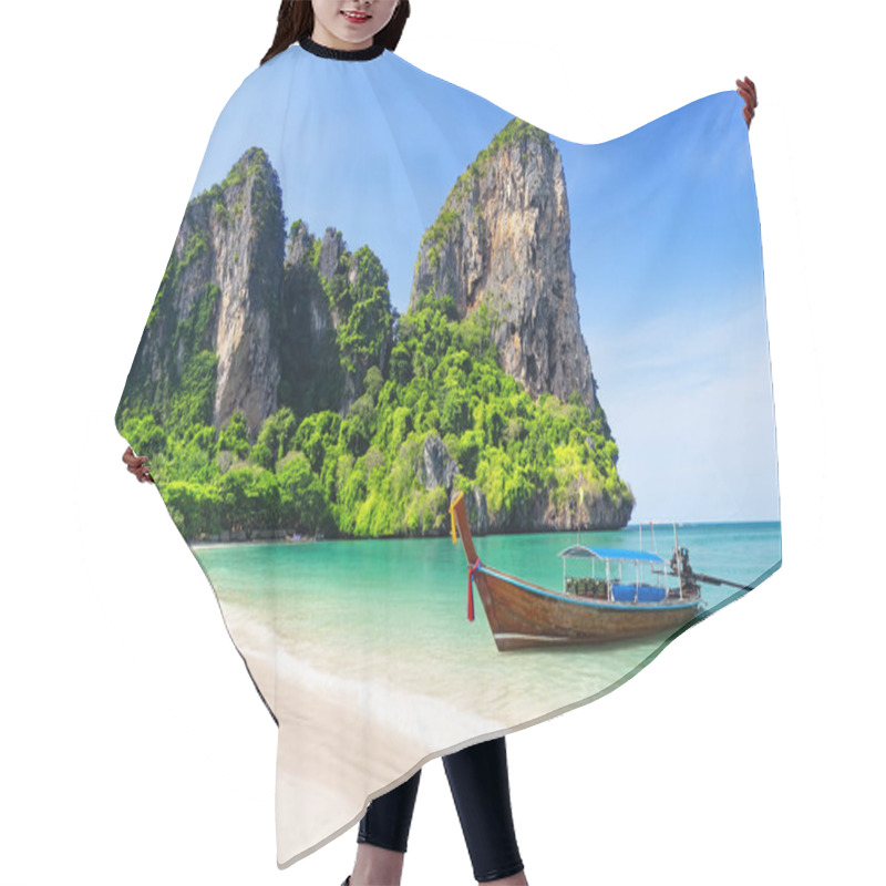 Personality  Thai Traditional Wooden Longtail Boat And Beautiful Sand Railay Beach In Krabi Province. Ao Nang, Thailand. Hair Cutting Cape